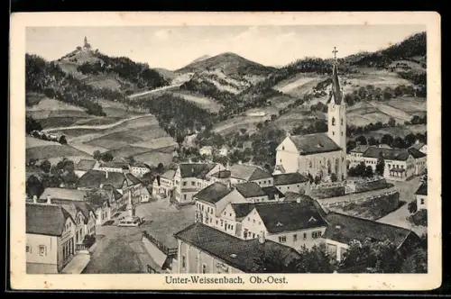 Künstler-AK Unterweissenbach /Ob.-Oest., Panorama mit Kirche und Ortszentrum
