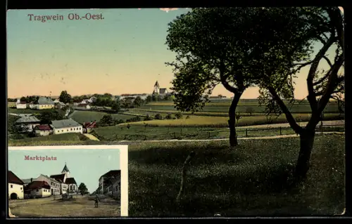 AK Tragwein /Ob. Öst., Panorama mit Ort u. Kirche, Marktplatz