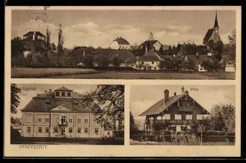 AK Pfaffstätt b. Munderfing, Ortspanorama m. Kirche, Schloss, Villa