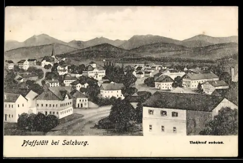 Künstler-AK Pfaffstätt bei Salzburg, Ortspanorama mit Kirche und Bergen