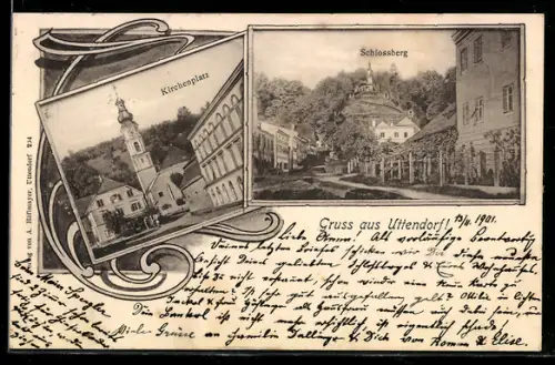 AK Uttendorf /O.-Oe., Kirchenplatz und Schlossberg, Ornament-Rahmen