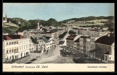 Künstler-AK Uttendorf /Innkreis, Ortspanorama mit Hauptstrasse und Kirche