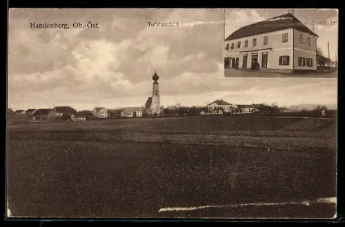 AK Handenberg /Ob.-Öst., Ortspanorama mit Kirche, Geschäftshaus