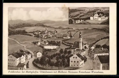 Künstler-AK Feldkirchen bei Mattighofen, Ottenhausen, Ortsansicht mit Molkerei Hermann Kreuzbauer, Warenhaus