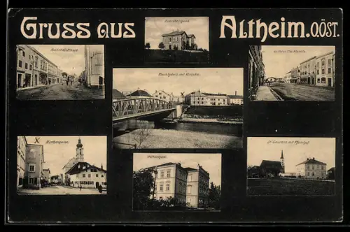 AK Altheim /O. Öst., Marktplatz mit Brücke, Bahnhofstrasse, Volksschule