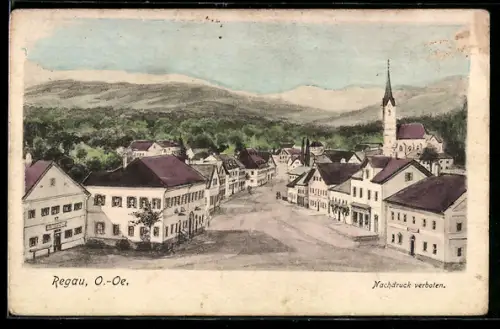 Künstler-AK Regau /O. Ö., Ortsansicht mit Strasse u. Kirche