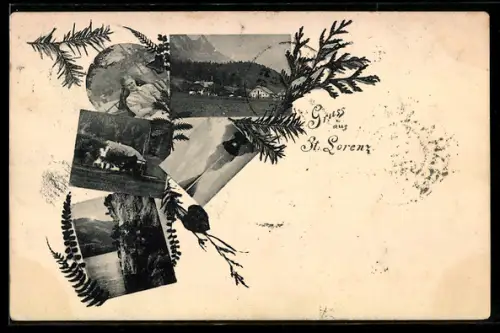 AK Rossatz-Arnsdorf, St. Lorenz, Collage mit Ortsansichten, Mädchen in Tracht