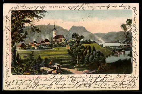 Künstler-AK Schörfling am Attersee, Ort und See mit Bergpanorama