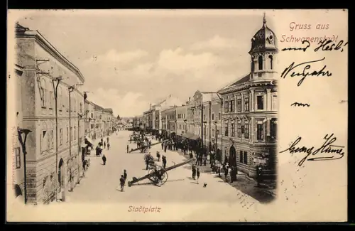 AK Schwanenstadt, Stadtplatz mit Feuerwehrübung aus der Vogelschau