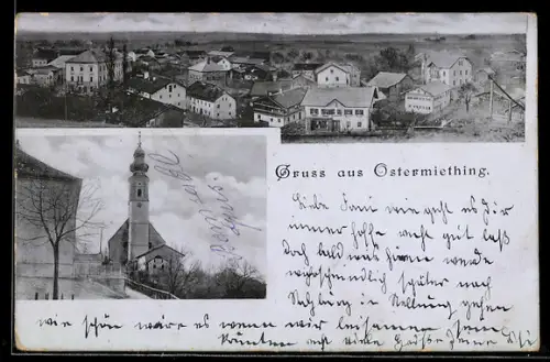 AK Ostermiething, Ortspanorama aus der Vogelschau, Kirche