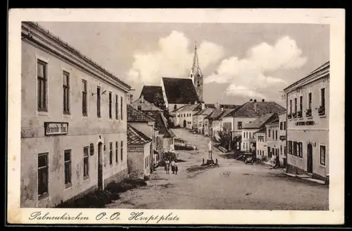 AK Pabneukirchen /O. O., Hauptplatz mit Gemeindeamt, Denkmal u. Kirche