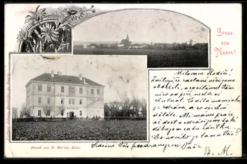 AK Naarn, Volksschule, Ortspanorama mit Kirche, Blumen