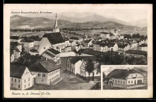 Künstler-AK Naarn a. d. Donau, Panorama mit Kirche und Russpeckhofers Warenhaus