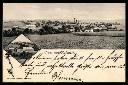 AK Katsdorf, Gesamtansicht mit Acker u. Fernblick, Gebäudeansicht