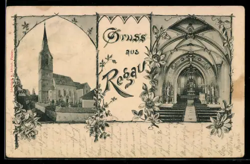 Lithographie Regau, Kirche, Aussen- und Innenansicht, Blumen