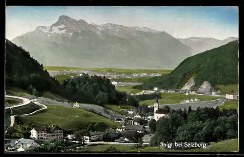 AK Gnigl bei Salzburg, Dorf mit Kirche und Gebirgspanorama