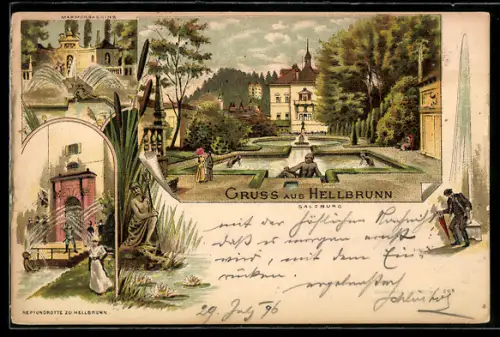 Lithographie Hellbrunn /Salzburg, Park mit Wasserspielen und Neptunsgrotte