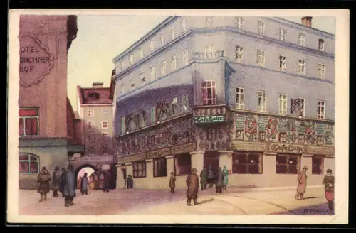 Künstler-AK Salzburg, Café Lohr, Strassenecke mit Passanten