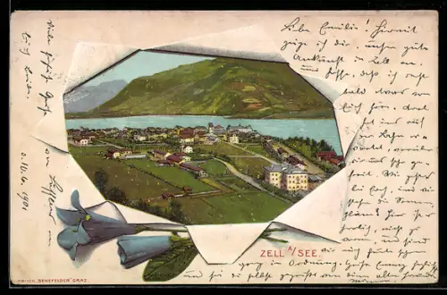 Lithographie Zell am See, Panorama mit Ort, See und Bergkulisse