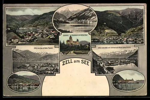 AK Zell am See, Mehransichten mit See, Schloss und Gebirgspanorama
