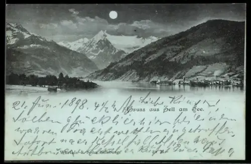 AK Zell am See, Seeufer mit Ort und Gebirgspanorama