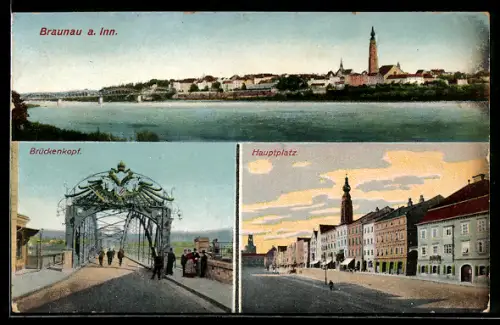 AK Braunau a. Inn, Panorama an der Inn, Brückenkopf, Hauptplatz