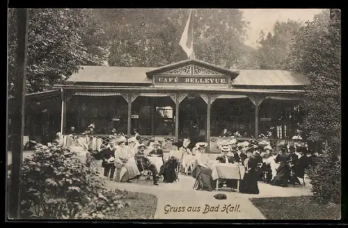 AK Bad Hall, Café Bellevue, Gartenlokal mit Gästen