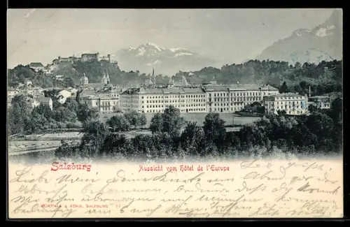 AK Salzburg, Aussicht vom Hotel de l`Europe, Festung Hohensalzburg