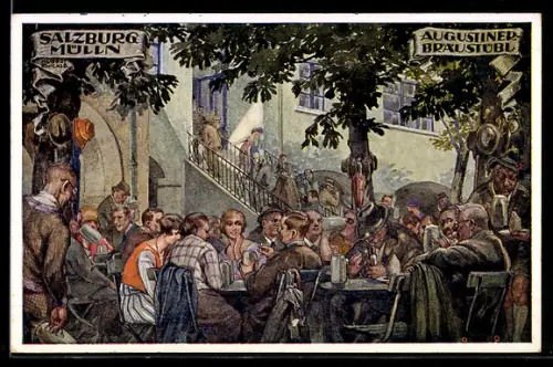 Lithographie Salzburg-Mülln, Augustiner Bräustübl, Gasthaus
