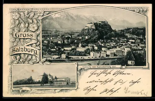 AK Salzburg, Ortspanorama vom Kapuzinerberg, Kloster der Missionäre