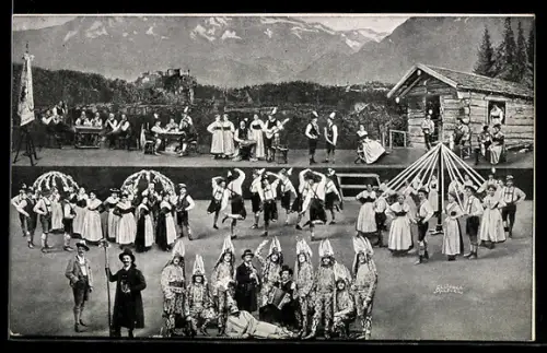 AK Salzburg, Bühnenaufführung mit Trachten, Maibaum, Hütte und Maskengruppe