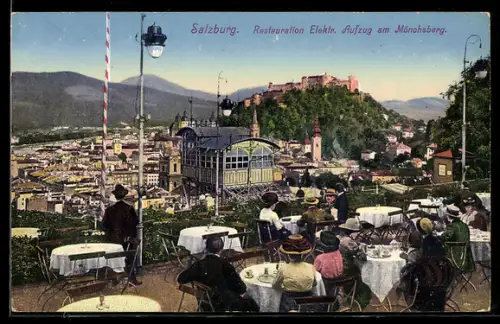 AK Salzburg, Restaurantterrasse mit Elektrik-Aufzug am Mönchsberg und Festung Hohensalzburg