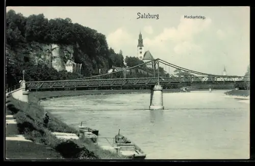 AK Salzburg, Makartsteg, Brücke über die Salzach mit Stadtpanorama