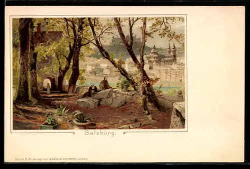 Lithographie Salzburg, Panorama mit Festung und Dom