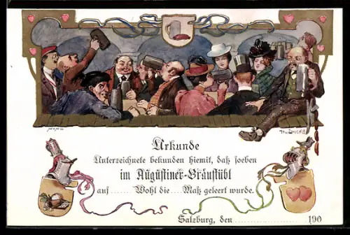 Künstler-AK Salzburg, Urkunde Augustiner-Bräustübl, Trinkgesellschaft