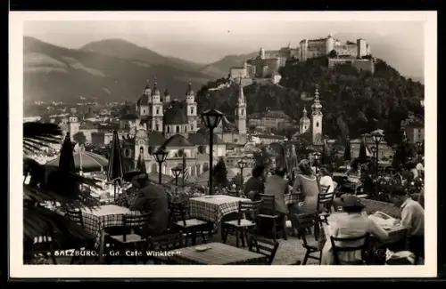 AK Salzburg, Café Winkler, Blick auf Festung Hohensalzburg