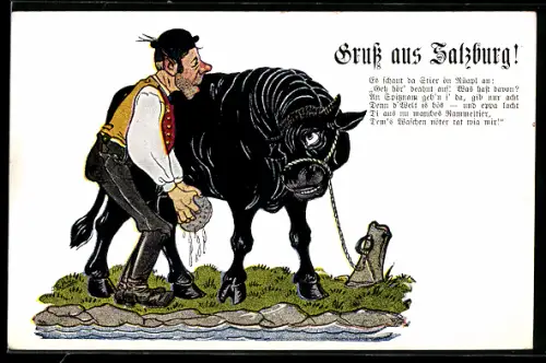 Künstler-AK Salzburg, Karikatur, Mann melkt Stier