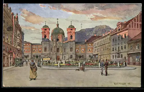 Künstler-AK Salzburg, Domplatz mit Dom und Residenzbrunnen