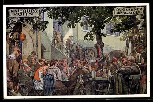 Künstler-AK Salzburg-Mülln, Augustiner Bräustübl, Biergarten