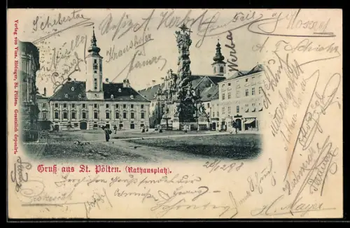 AK St. Pölten, Rathausplatz mit Säule und Rathaus