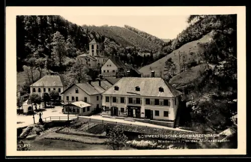 AK Schwarzenbach, Ortsansicht mit Kirche und Geschäftshaus