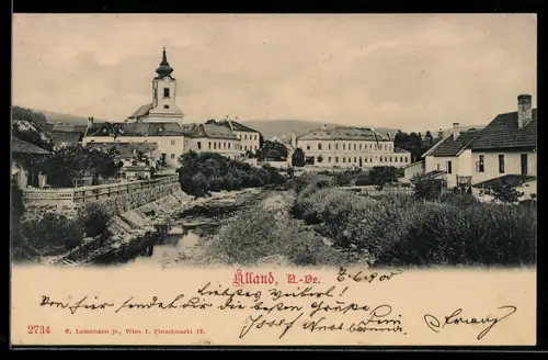 AK Alland /O.-Ö., Panorama mit Kirche und Bach