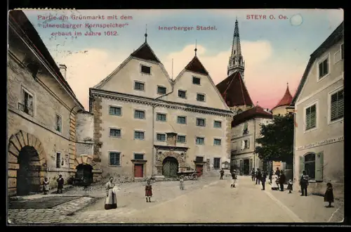 AK Steyr /O. Ö., Partie am Grünmarkt mit Innerberger Kornspeicher