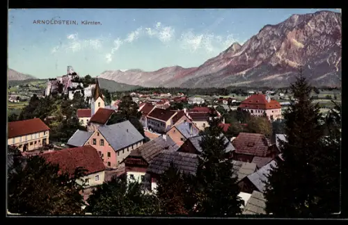 AK Arnoldstein /Kärnten, Panorama mit Schloss, Kirche und Bergpanorama