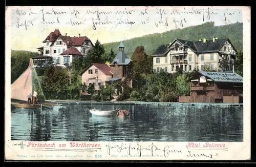 Lithographie Pörtschach am Wörthersee, Hotel Bellevue, Ufer mit Booten