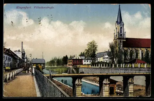 AK Klagenfurt, Villacherstrasse mit Brücke und Kirche