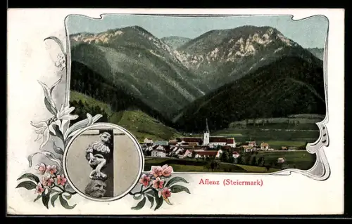 Lithographie Aflenz /Steiermark, Panorama mit Kirche und Gebirgskulisse