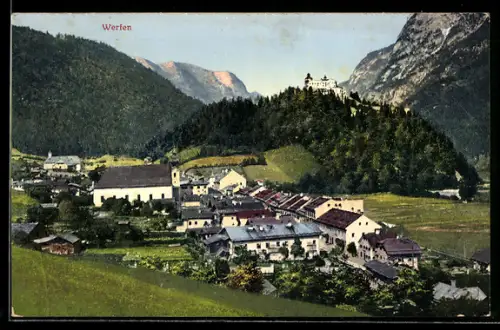 AK Werfen, Panorama mit Burg und Kirche