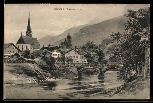 AK Bruck i. Pinzgau, Panorama mit Kirche und Brücke
