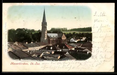 Lithographie Mauerkirchen /Ob. Öst., Panorama mit Kirche